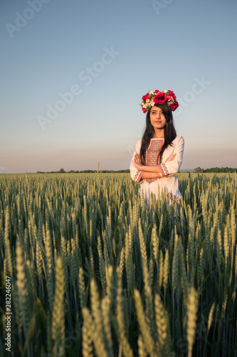 Wallpaper Mural Beautiful indian young woman in traditional Ukrainian embroidery clothes and floral handmade wreath stand in field, look in distance dreaming or thinking, pretty ethnic woman posing in nature  Torontodigital.ca