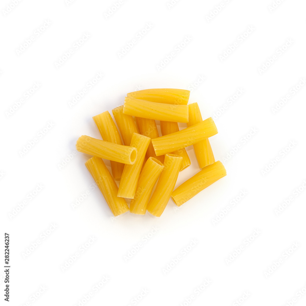 Raw pasta pipe tortiglioni isolated over white background Raw pasta pipe tortiglioni isolated over white background