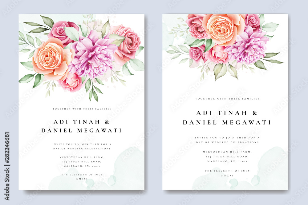 watercolor wedding invitation card with beautiful floral background template