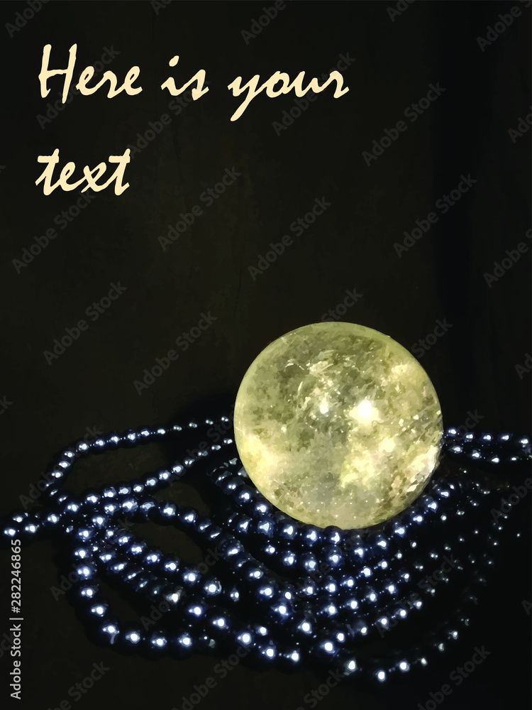 crystal ball and blue beads on a black background, fortune telling