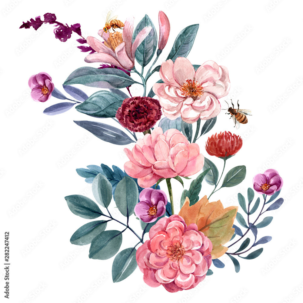  floral illustration, Leaf and buds. Botanic composition for design. branch of flowers