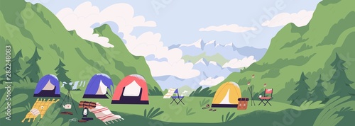 Touristic camp or campground with tents and campfire. Landscape with forest campsite against mountains in background. Location for adventure tourism, travel, backpacking. Flat vector illustration.