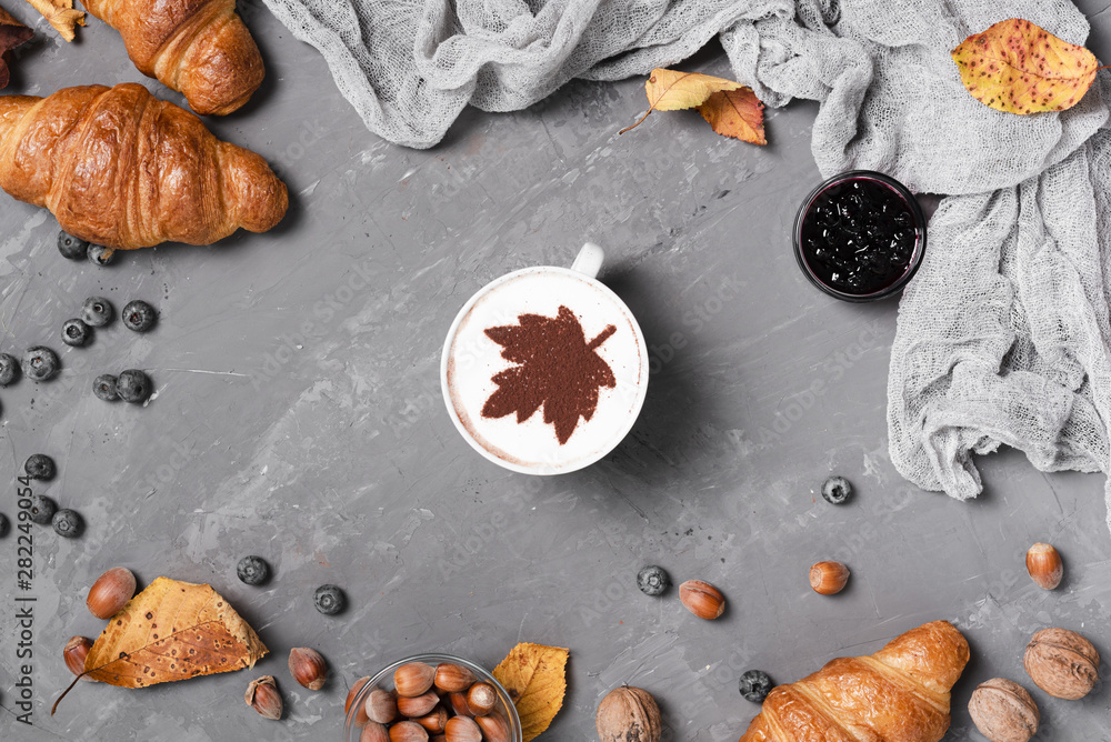 Top view of croissants and coffee breakfast Top view of croissants and coffee breakfast