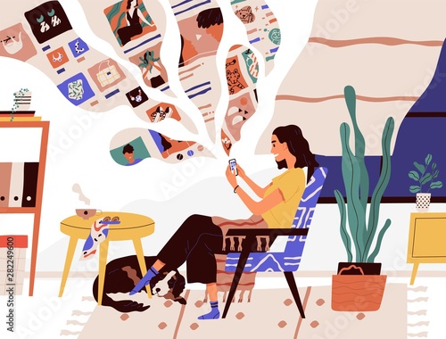 Cute funny girl sitting in comfy armchair and surfing internet on her smartphone. Smiling young woman using social network at home. Online search and communication. Flat cartoon vector illustration.