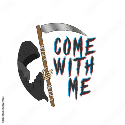 Vector illustration of death with a scythe says come with me