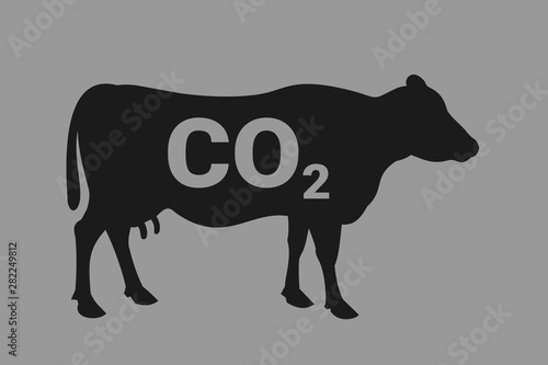 Cow, cattle livestock and beef as producer of carbone dioxide, greenhouse gas pollution. Agriculture and ecology and environmental problem and cause of global warming and climate . Vector illustration