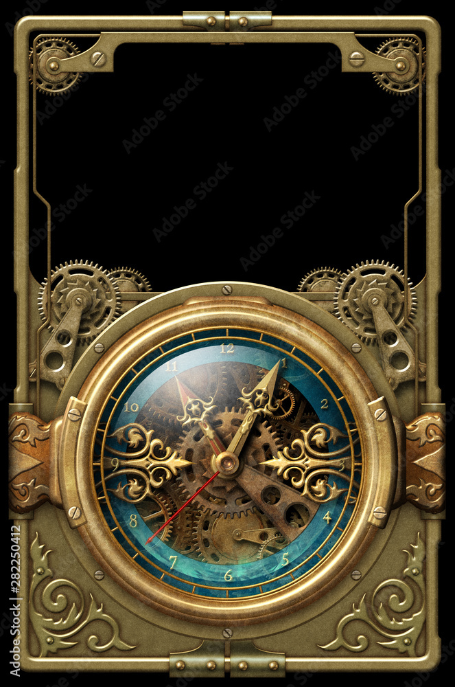 Steampunk aged metal frame with old clock