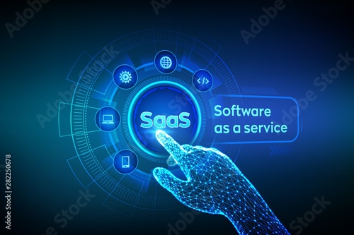 SaaS. Software as a service. Internet and technology concept on virtual screen. Development Concept. SAAS Computing IOT Industry. Robotic hand touching digital interface. Vector illustration.