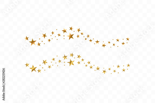 Falling golden stars. Cloud of golden stars isolated on transparent background. Vector illustration