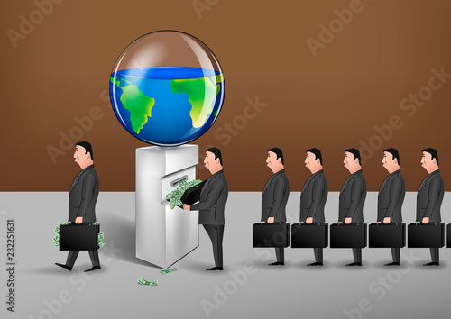 men in suits with suitcases converts planet resources into money conceptual vector illustration, horizontal