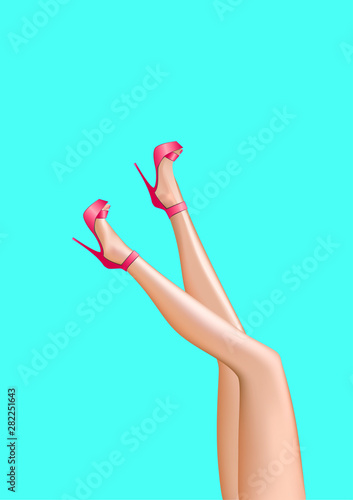 beautiful smooth woman legs in a high heels isolated on a turquoice background, vertical vector illustration