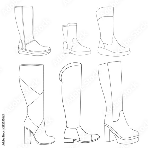 vector, isolated, set of women's contours and shoes, boots
