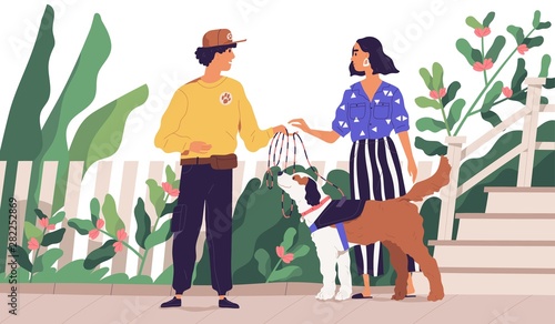 Professional dog walker getting domestic animal from owner. Cute woman giving leash to on-demand pet walking service worker. Young man taking pup for walk. Flat cartoon colorful vector illustration.