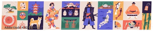 Bundle of traditional symbols of Japan - pagoda, geisha in kimono, koi fish, wagasa umbrella, bonsai tree, mount Fuji, maneki-neko. Set of Japanese design elements. Flat cartoon vector illustration.