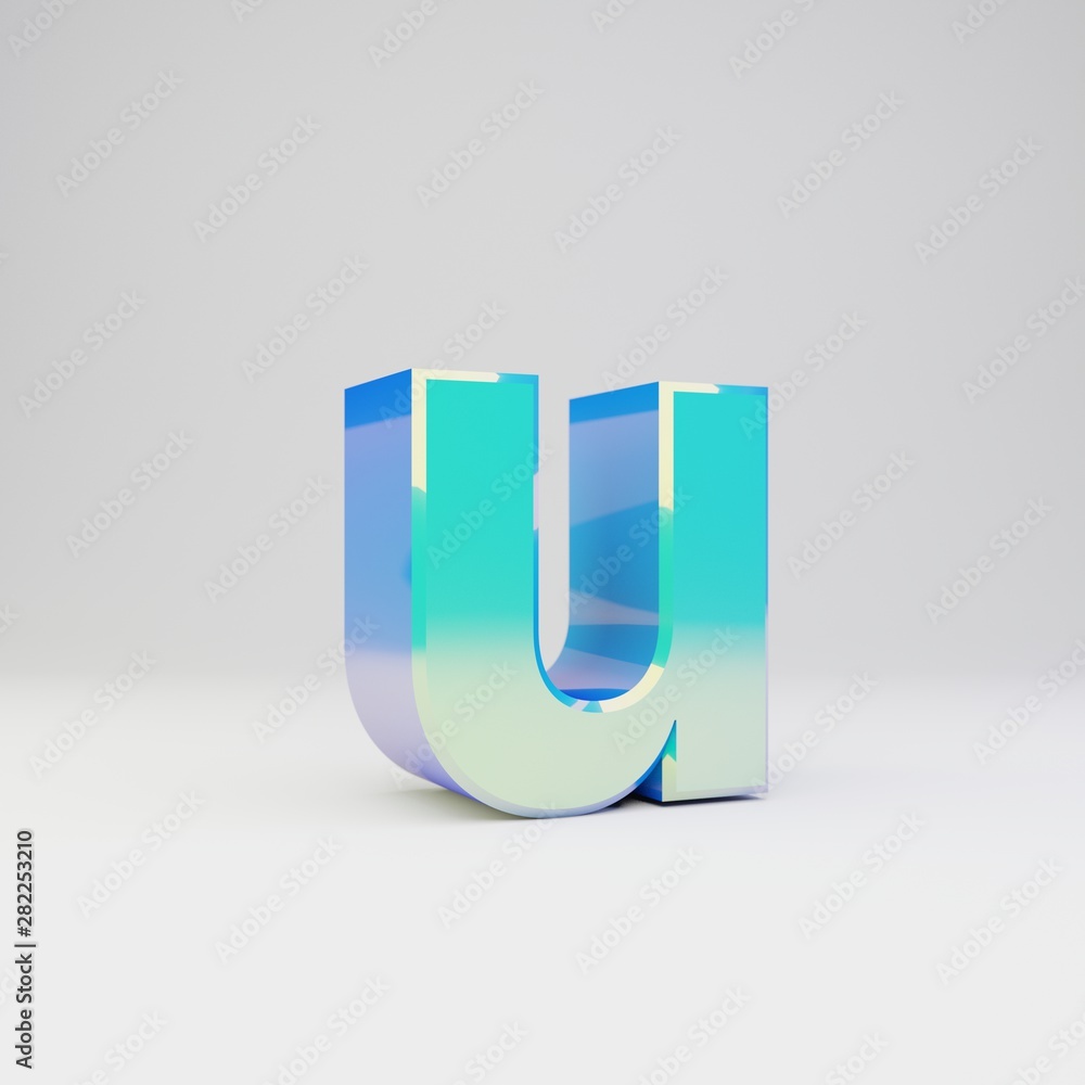 Sky blue 3d letter U lowercase. Metal font with glossy reflections and shadow isolated on white background. Sky blue 3d letter U lowercase. Metal font with glossy reflections and shadow isolated on white background.