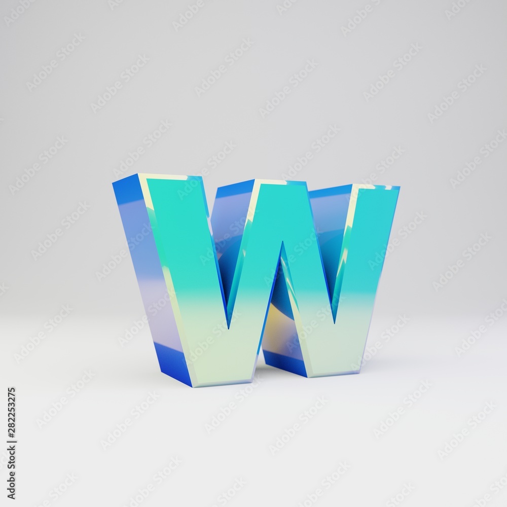 Sky blue 3d letter W lowercase. Metal font with glossy reflections and shadow isolated on white background.