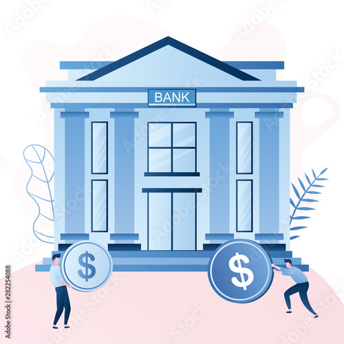 Classical bank building and businessmen pay loans