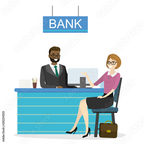 African american bank employee at work and caucasian female client,cartoon business people talking,