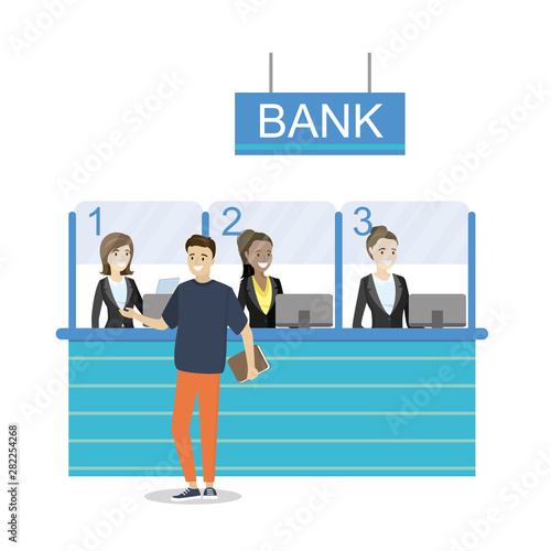 Caucasian male client standing and talking to female managers of bank or credit department