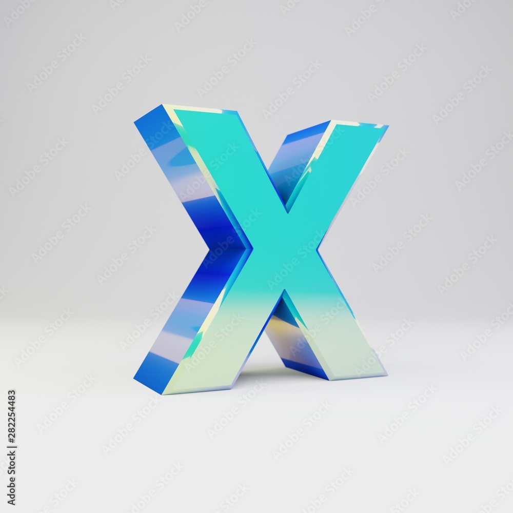 Sky blue 3d letter X uppercase. Metal font with glossy reflections and shadow isolated on white background.