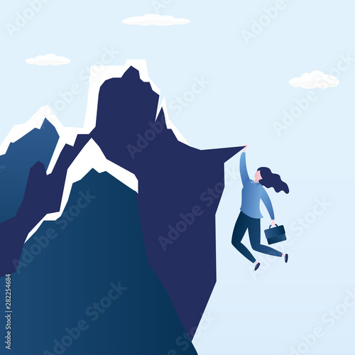 Business woman try hard to hold on the cliff,female character