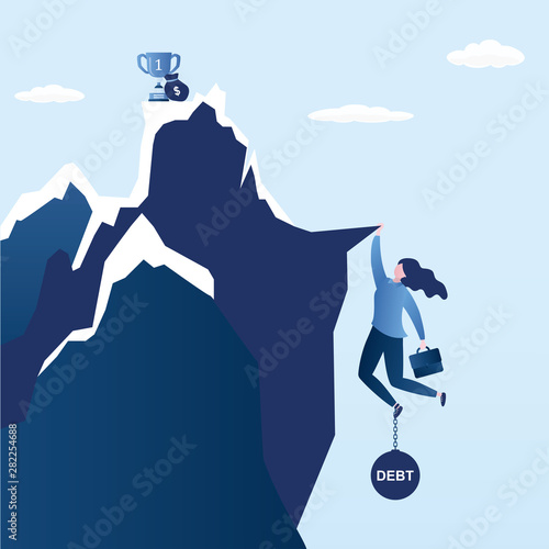 Businesswoman try hard to hold on the cliff with debt burden,