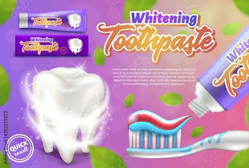 Promotional poster of whitening toothpaste. 3d vector illustration for advertising campaign.