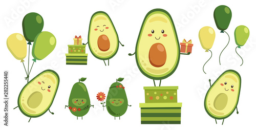 Diverse collection of vector cute smiling avocado heroes isolated on white. Set of fruit characters with flying yellow green balloons, gifts in boxes, and red flowers. Kawaii style
