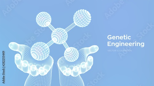 Molecule in hands. Dna, atom, neurons. Molecules and chemical formulas. 3D Scientific molecule background for medicine, science, technology, chemistry, biology. Vector illustration.