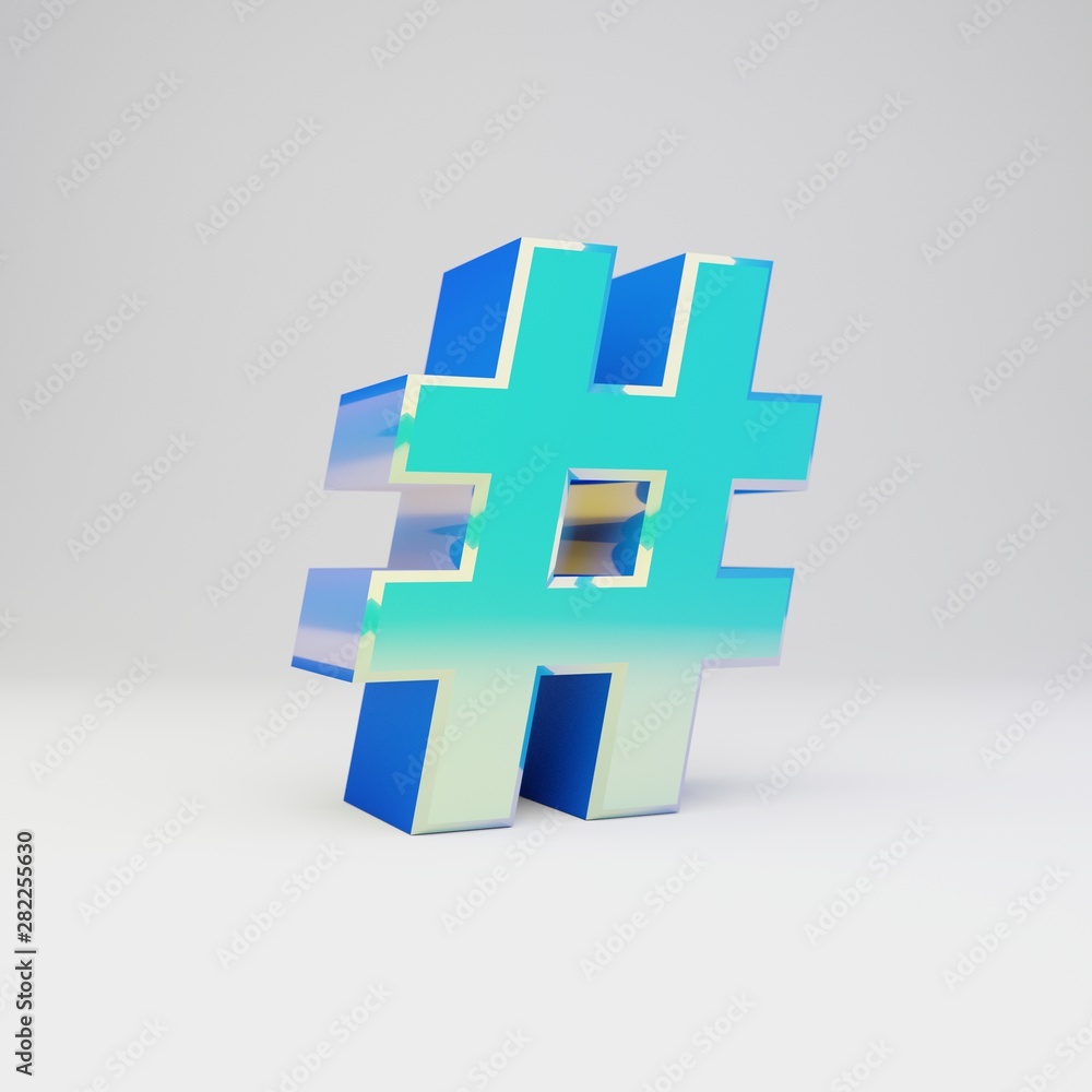 Fototapeta premium Sky blue 3d hashtag symbol. Metal font with glossy reflections and shadow isolated on white background.