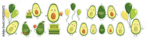 Big sticker set of vector cute smiling avocado heroes isolated on white background. Collection of fruit characters with flying yellow green balloons, gifts in boxes, and red flowers. Kawaii style.