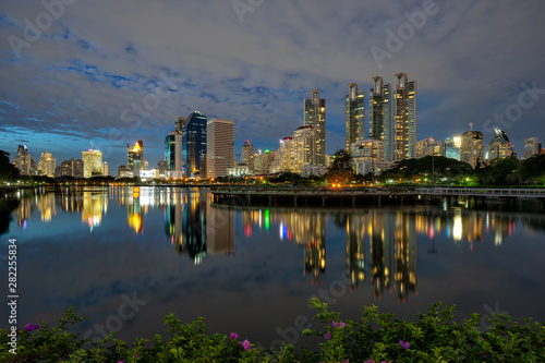 Night cityscape at Benchakitti Park in Bangkok  Thailand