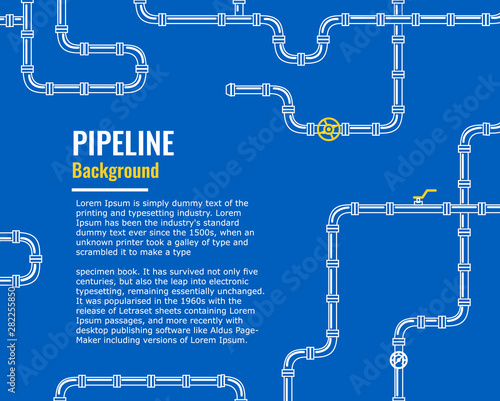 Horizontal Blue Industrial background with white pipes for water, gas, oil, sewage. Infographics for flyers or brochure. Vector illustration in a flat style. thin line.