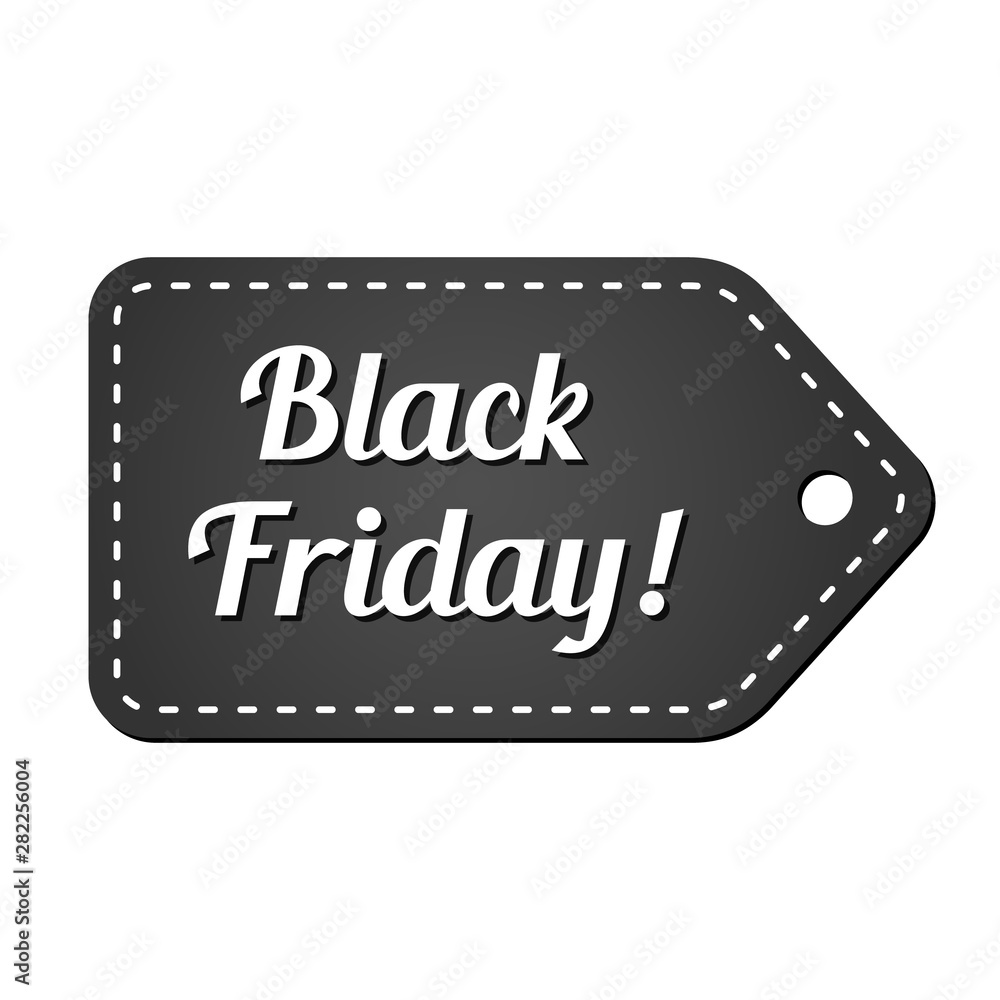 black friday white lettering with exclamation mark on trendy black tag. commercial illustartion for seasonal promotions and advertising in stores black friday white lettering with exclamation mark on trendy black tag. commercial illustartion for seasonal promotions and advertising in stores