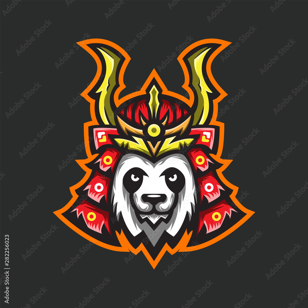 Naklejka premium Samurai Panda Mascot Logo Concept Vector Illustration Cartoon. Suitable For Logo, Wallpaper, Banner, Background, Card, Book Illustration, T-Shirt Design, Sticker, Cover, etc