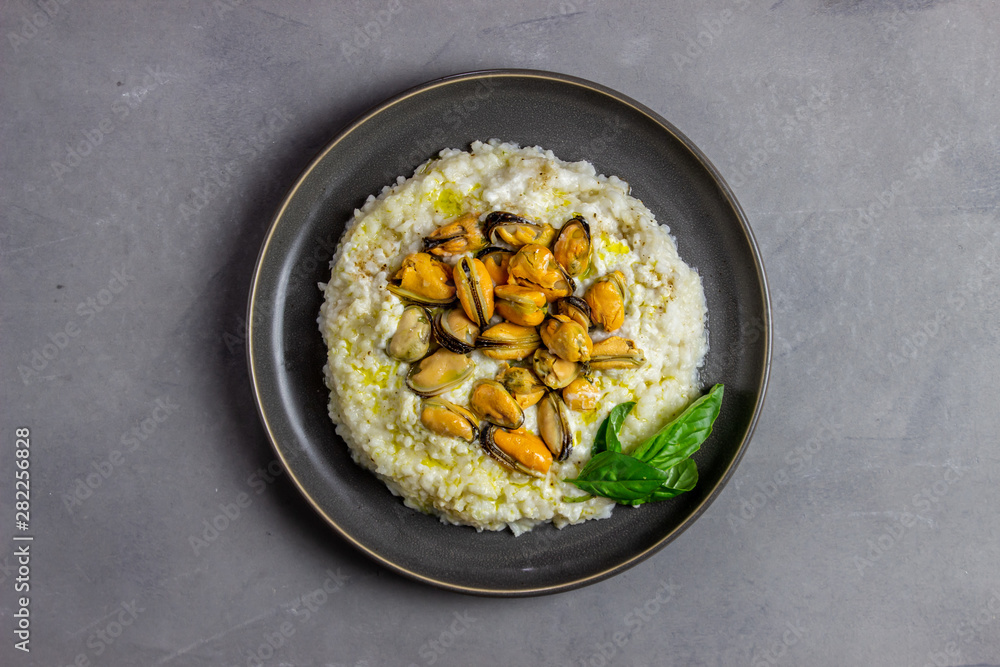 Risotto with mussels . Italian cuisine. Proper nutrition. Vegetarian food.