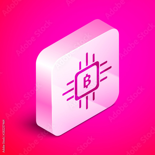 Isometric CPU mining farm icon isolated on pink background. Bitcoin sign inside processor. Cryptocurrency mining community. Digital money. Silver square button. Vector Illustration