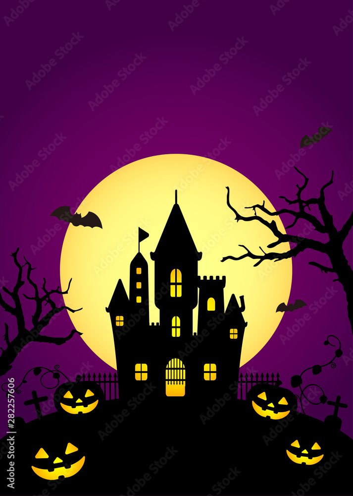 Halloween silhouette background vector illustration. Poster (flyer) template design (text space) / purple