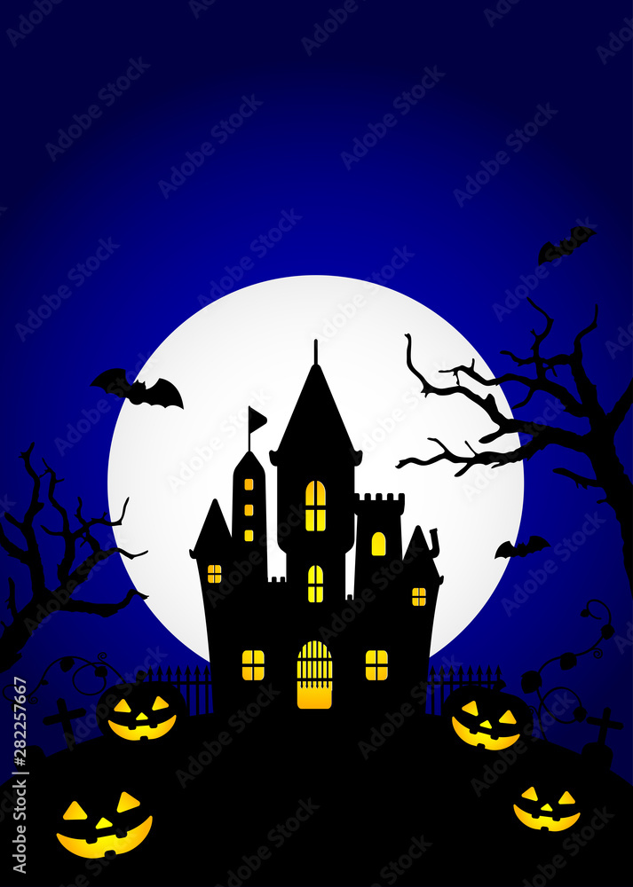 Halloween silhouette background vector illustration. Poster (flyer) template design (text space) / blue