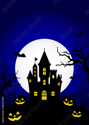 Halloween silhouette background vector illustration. Poster (flyer) template design (text space) / blue