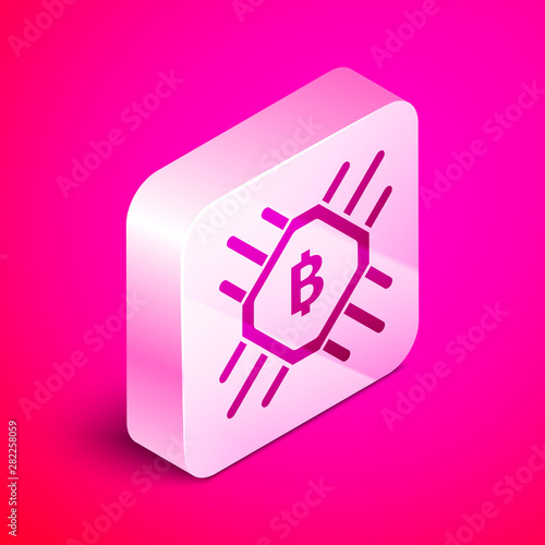 Isometric CPU mining farm icon isolated on pink background. Bitcoin sign inside processor. Cryptocurrency mining community. Digital money. Silver square button. Vector Illustration