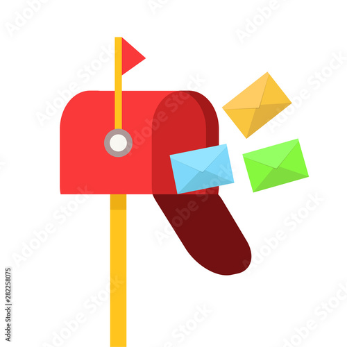Red mail box with color envelops flying on white, stock vector illustration