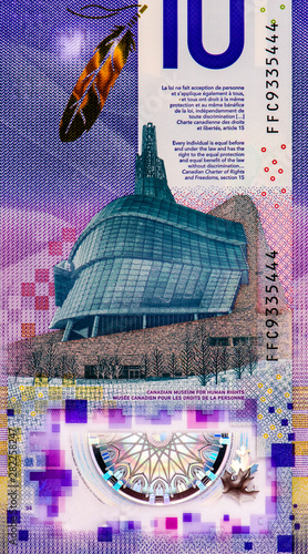  10 dollar Canada banknote  Issued by The Bank of Canada. Canadian money. Closeup Collection.. photo