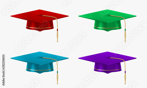 Colored college caps set, university graduation student wear