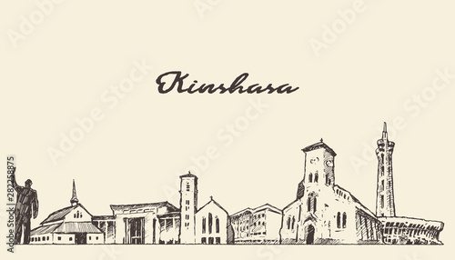 Kinshasa skyline Congo hand drawn vector sketch