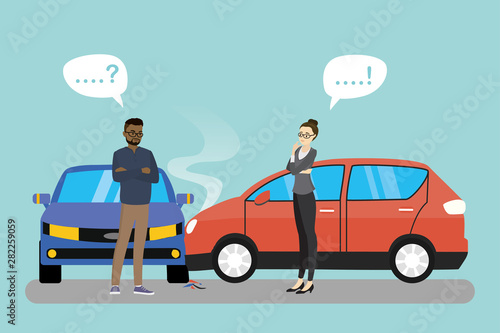 Car crash cartoon banner.Car accident concept,two unhappy people,