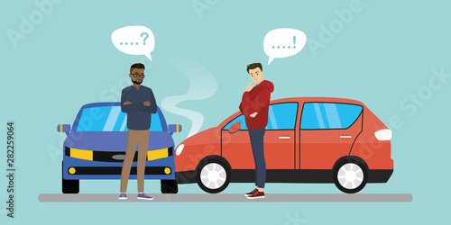 Car crash cartoon banner.Car accident concept,two unhappy male characters