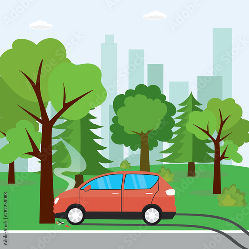 Red car crashed into a tree,Car accident banner