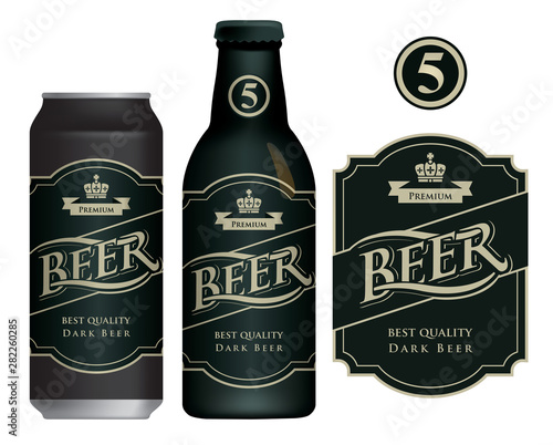 Vector label for dark beer in retro style on black background, decorated by crown and ribbon. Sample beer label on beer can and beer bottle