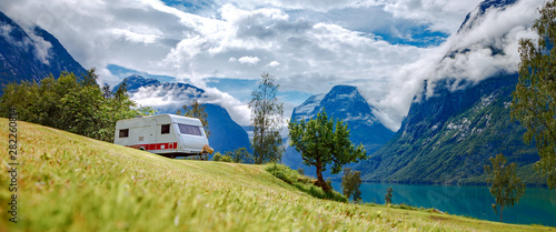 Family vacation travel RV, holiday trip in motorhome